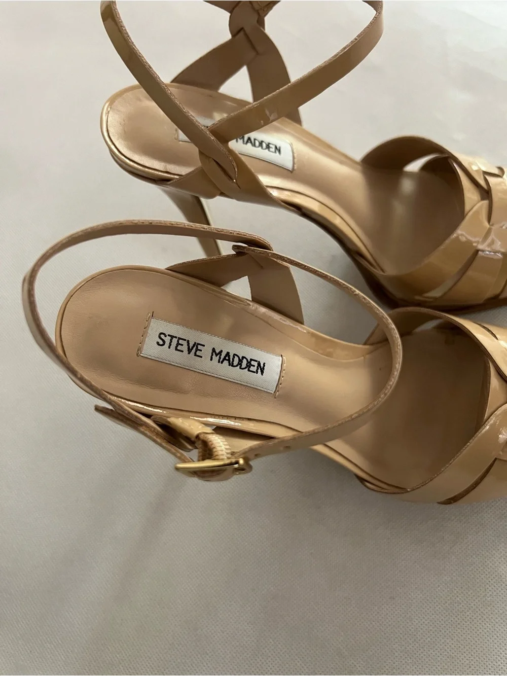 Steve Madden Beige Strappy Patent Leather Heels